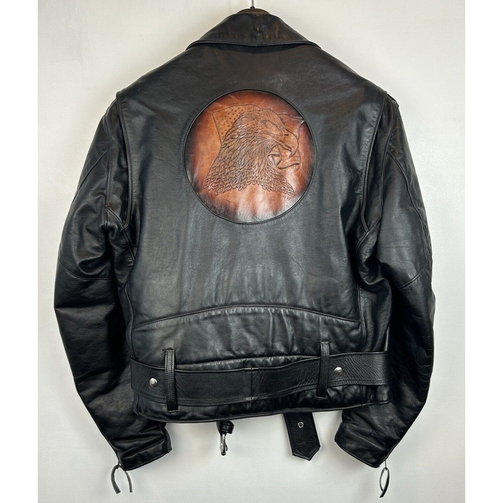 Vintage Leather Jacket Mens 46 Moto Black Eagle Unique Artwork Made USA Signed